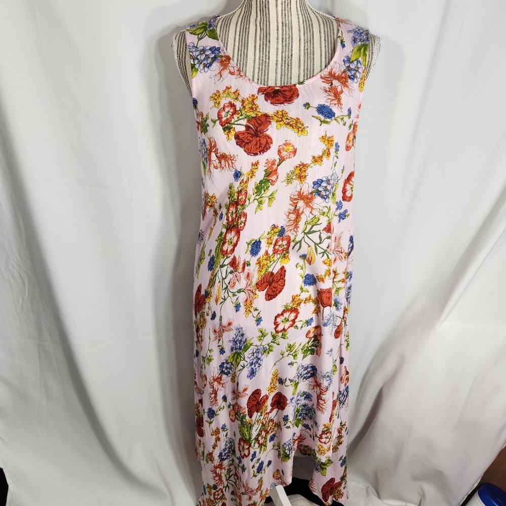 UNITI Casuals Pink w/ Floral Print Asymmetrical Hem Midi Dress One Size